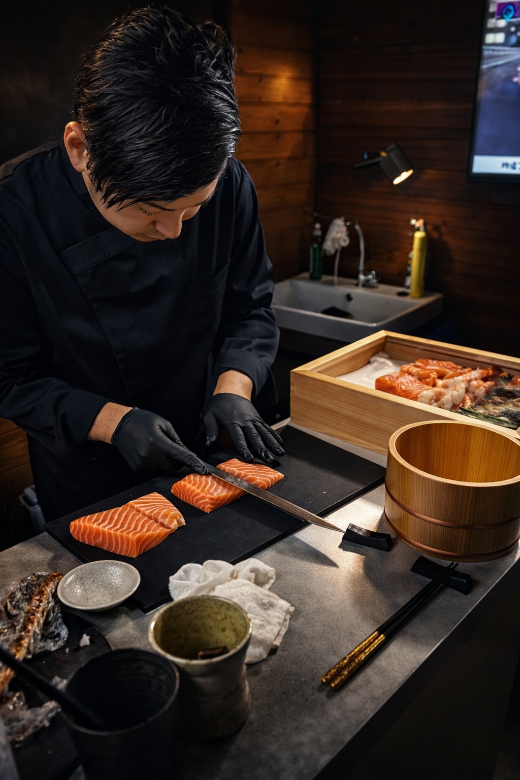 Chef slicing salmon